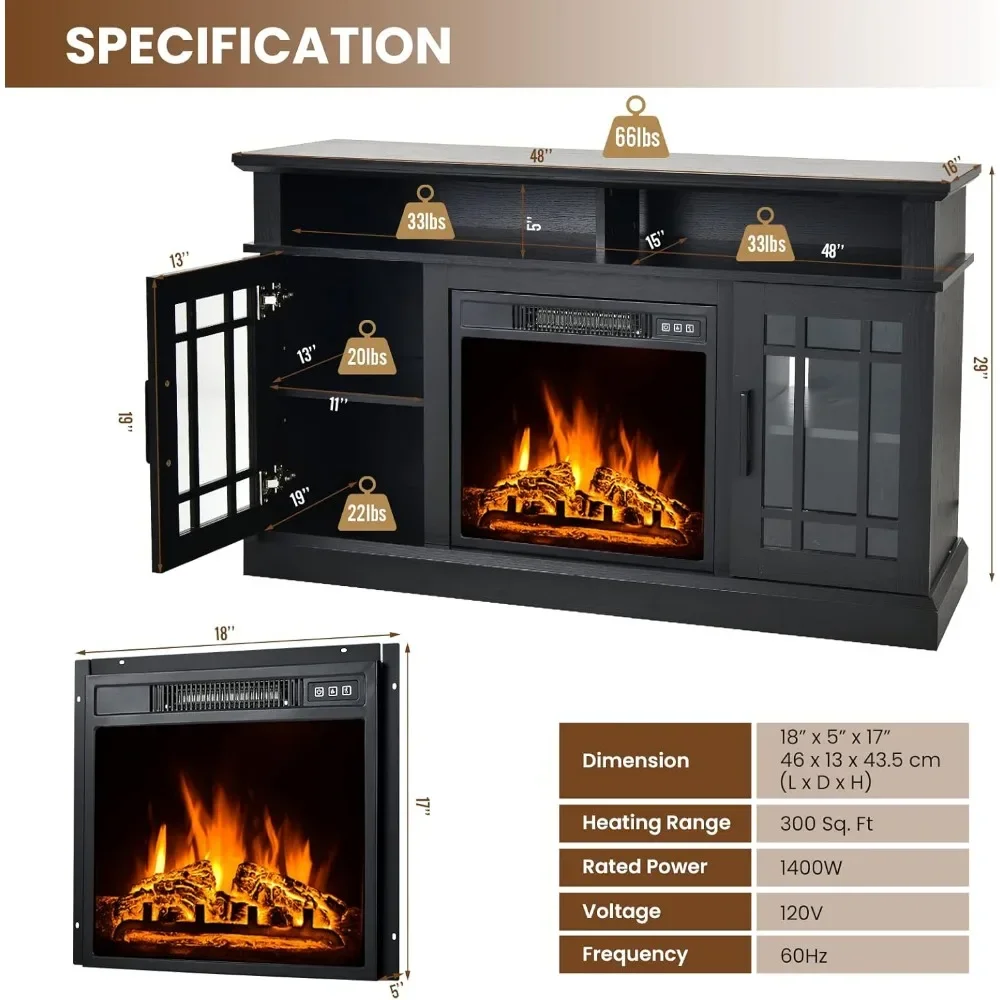 Modern Electric Fireplace TV Stand, TV Console for TVs Fireplace up to 55 Inch with 2 Open Shelves and Cabinets w/Doors