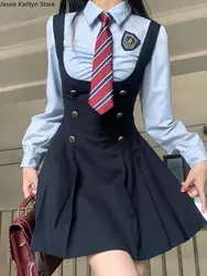 Japanese Kawaii JK School Uniform Summer Cute Slim Shirt Uniform Sets Solid Graduation School Girls Cosplay Strap Skirt Costume