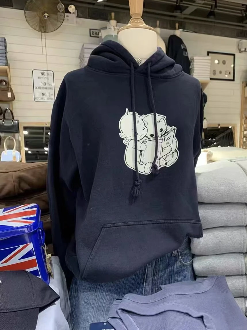 

Loose Fit Angel Print Hoodie Sweatirt BM American Retro k Blue Star Print Outerwear Autumn Winter Women's Casual Wear