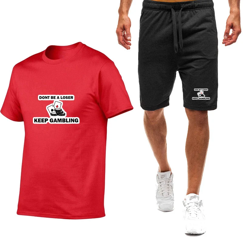 2025 Don't Be A Loser, Keep Gambling Print Summer Men's New Nine-color Short-sleeved Breathable Set  T-shirt + Sports Pants Suit