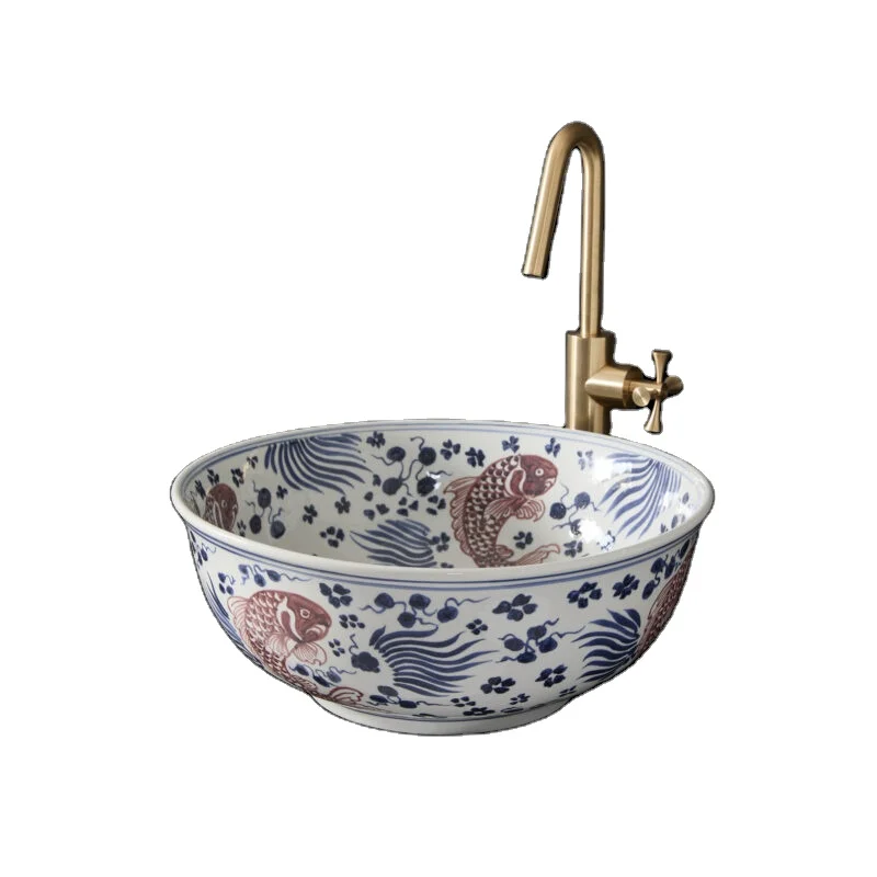 High Quality Blue And White Hand Painted Porcelain Ceramic Fish Pattern Wash Basin Round Bathroom Sink Jingdezhen Washbasin