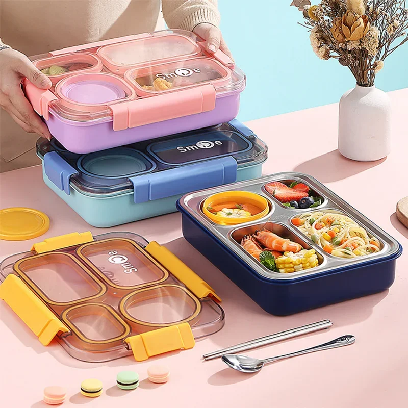 

Нержавеющая сталь с 4 разделенными отделениями, ланч-бокс Bento, детский изолированный ланч-бокс для школы, офиса, кухни, контейнер для хранения еды