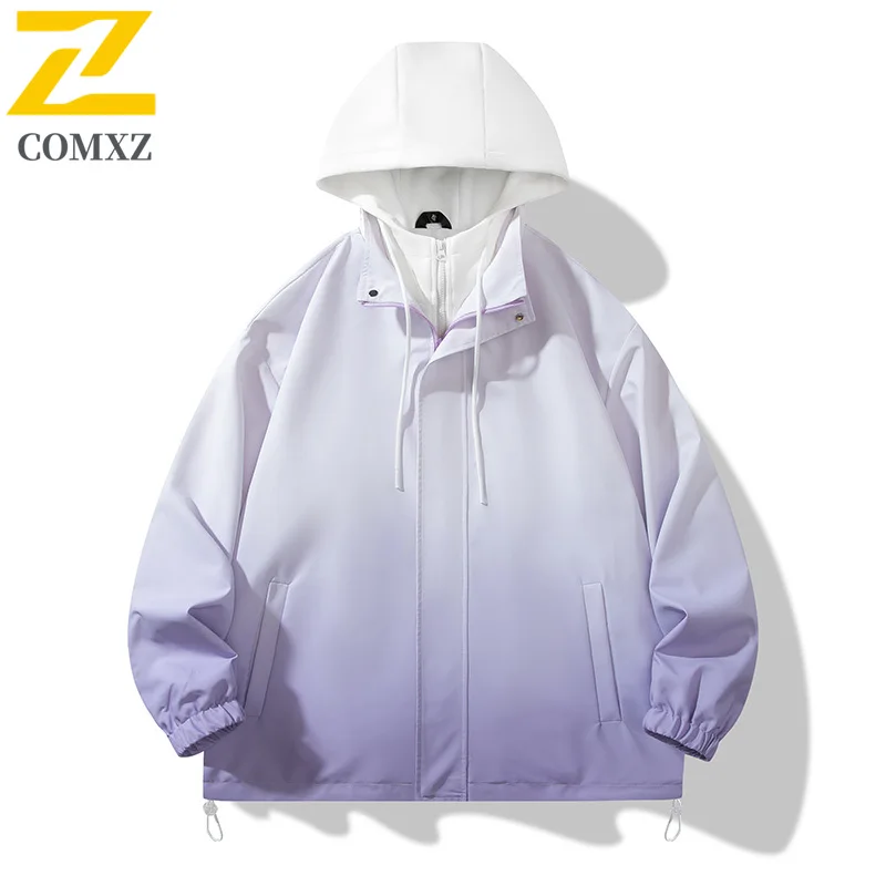 

New Autumn Men Jacket Trendy Hooded Color Block Waterproof Windproof Outerwear Outdoor Camping Travel Adventure Lightweight Coat