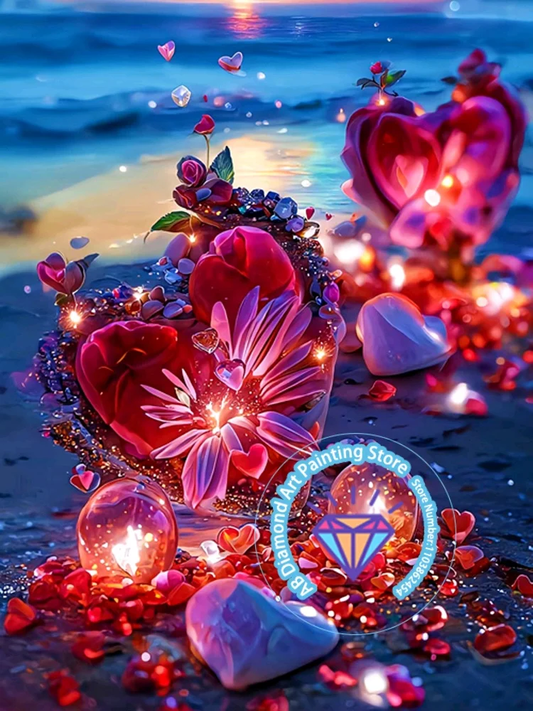 

Beach Love Red Rose Flowers Scenery AB Diamond Painting Kit Square Round Diamond 5D DIY Mosaic Handmade Art Unique Gift