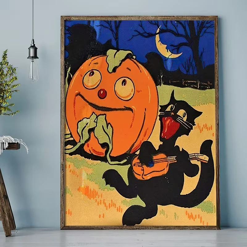 Retro Singing Black Cat On Halloween Night Wall Art Print Canvas Painting Poster Picture For Living Room,Bedroom Home Decor