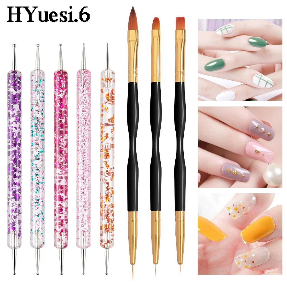 5 Stuks Dubbele Einde Nail Art Borstel 2 Manieren Uv Gel Liner Puntjes Bloemtekening Schilderij Pen Diy Manicure Ontwerpen Gereedschapsset