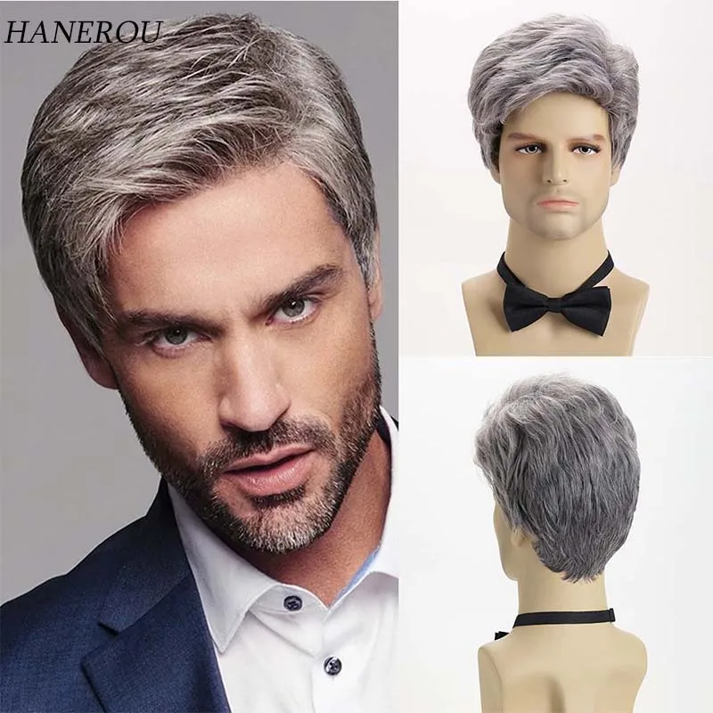 

Short Pixie Cut Men's Wig Silver Gray Layered Synthetic Wigs High Temperature Fiber for Male Daily Wear Looking Fake Hair