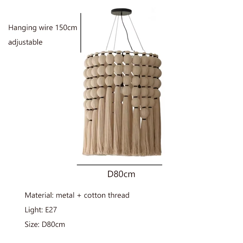 Handgemaakte katoenen touw kroonluchter met Bosnische kwastjes, Boheemse handgeknoopte katoenen hanglamp, hanglamp voor de eetkamer, witte stoffen lamp