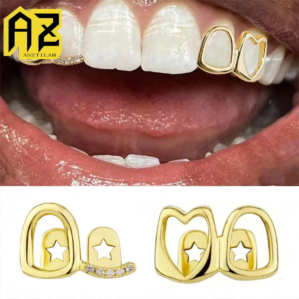 

Anztilam 2pcs Grills Set Iced Out Grillz Full Zircon Tooth Shine Grill Men Women Hip Hop Tooth Grills Caps Brass Fashion Jewelry