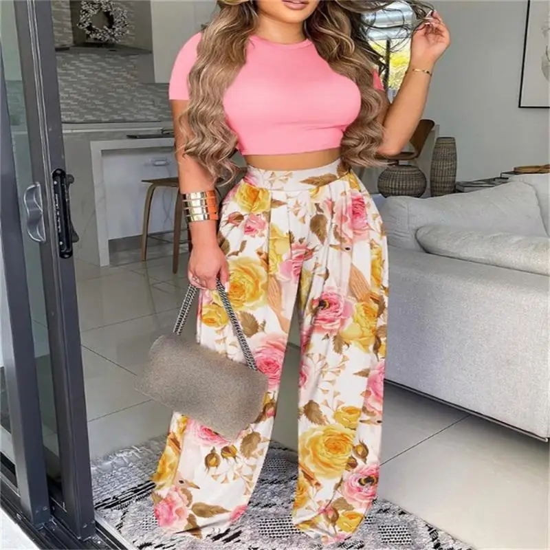 Elegant Women\'s Two Piece Sets Summer Solid O-neck Short Sleeve Slim Crop Short Top & Print High Waist Wide Leg Pants Outfits