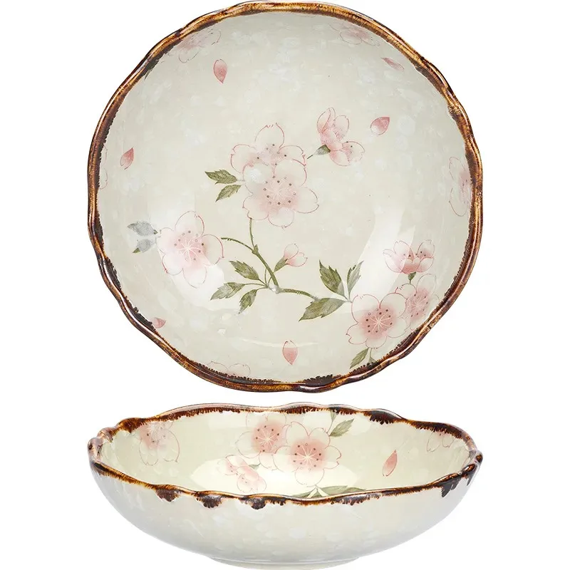 

7.5inch Japanese Flowers Salad Bowl Ceramic Heat Resistant Noodle Soup Kitchen Tableware Pasta Cereal Fruit Bowl