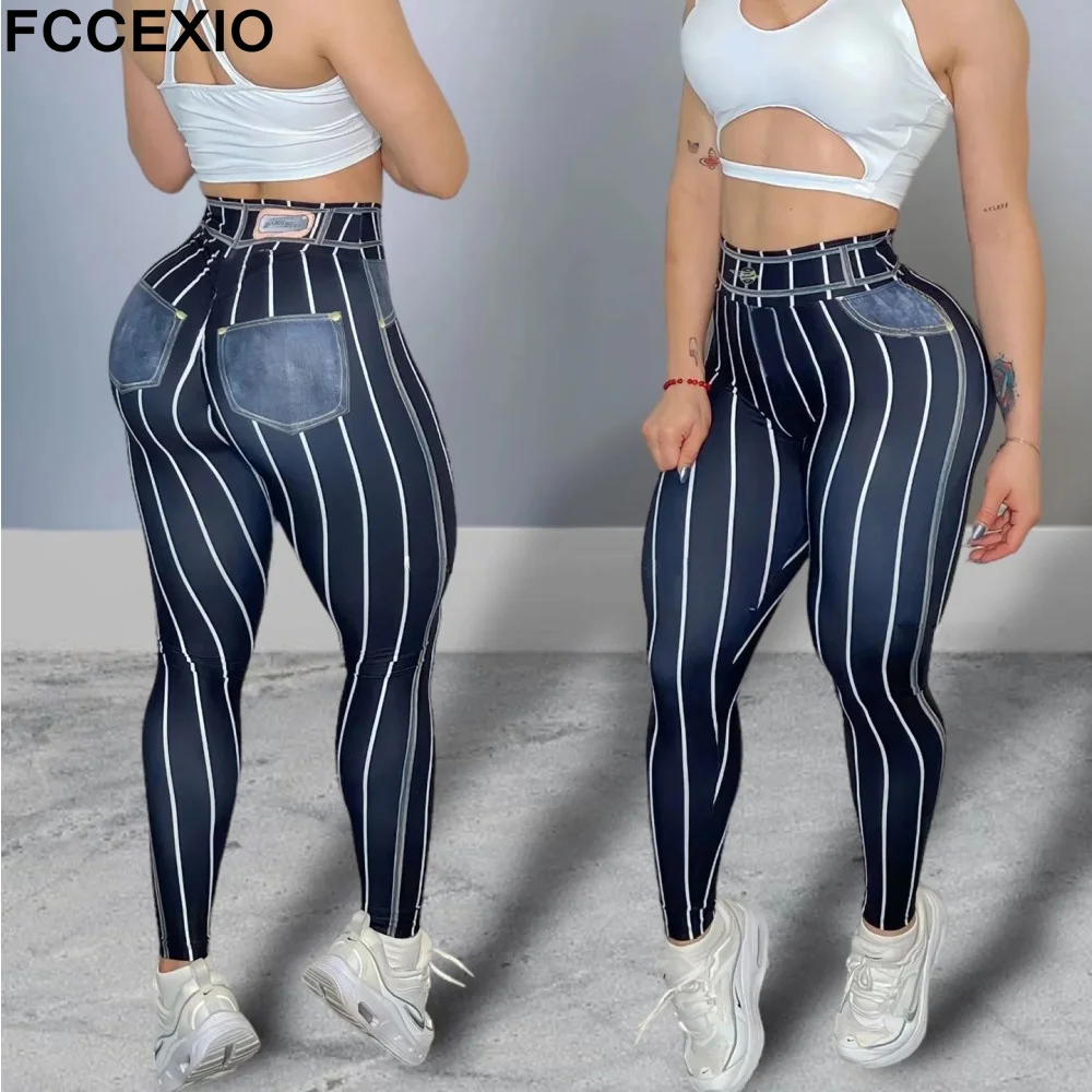 FCCEXIO Fashion Denim Stripe Print Women Sports Leggings High Waist Running Sexy Tight Fitness Workout Yoga Gym Push Up Cowboy P