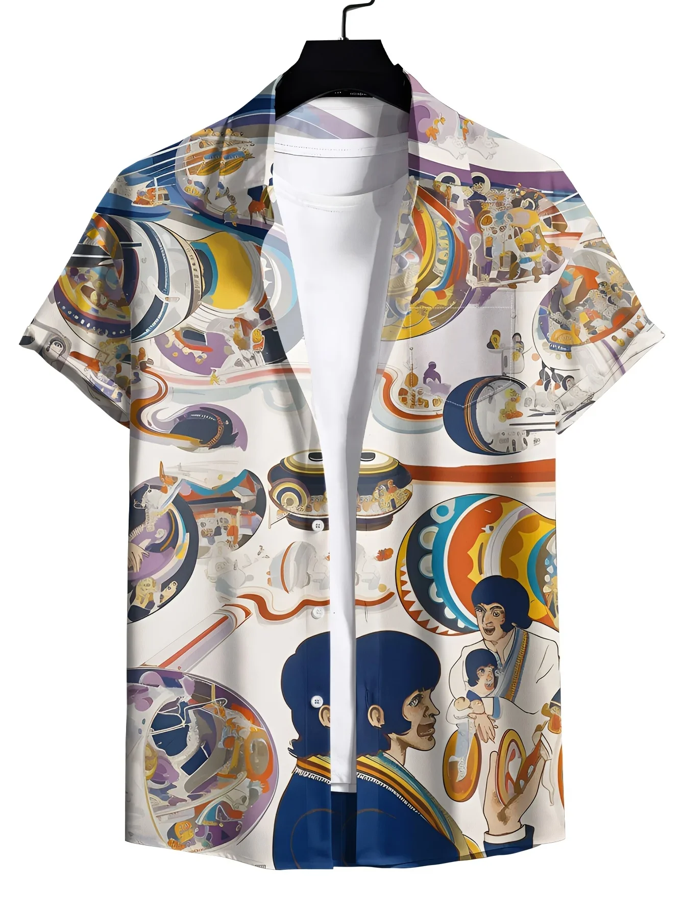 

Men Retro Beatles Psychedelic Print Hawaiian Shirt Beach Short Sleeve Aloha Blouse Multiple Styles Available