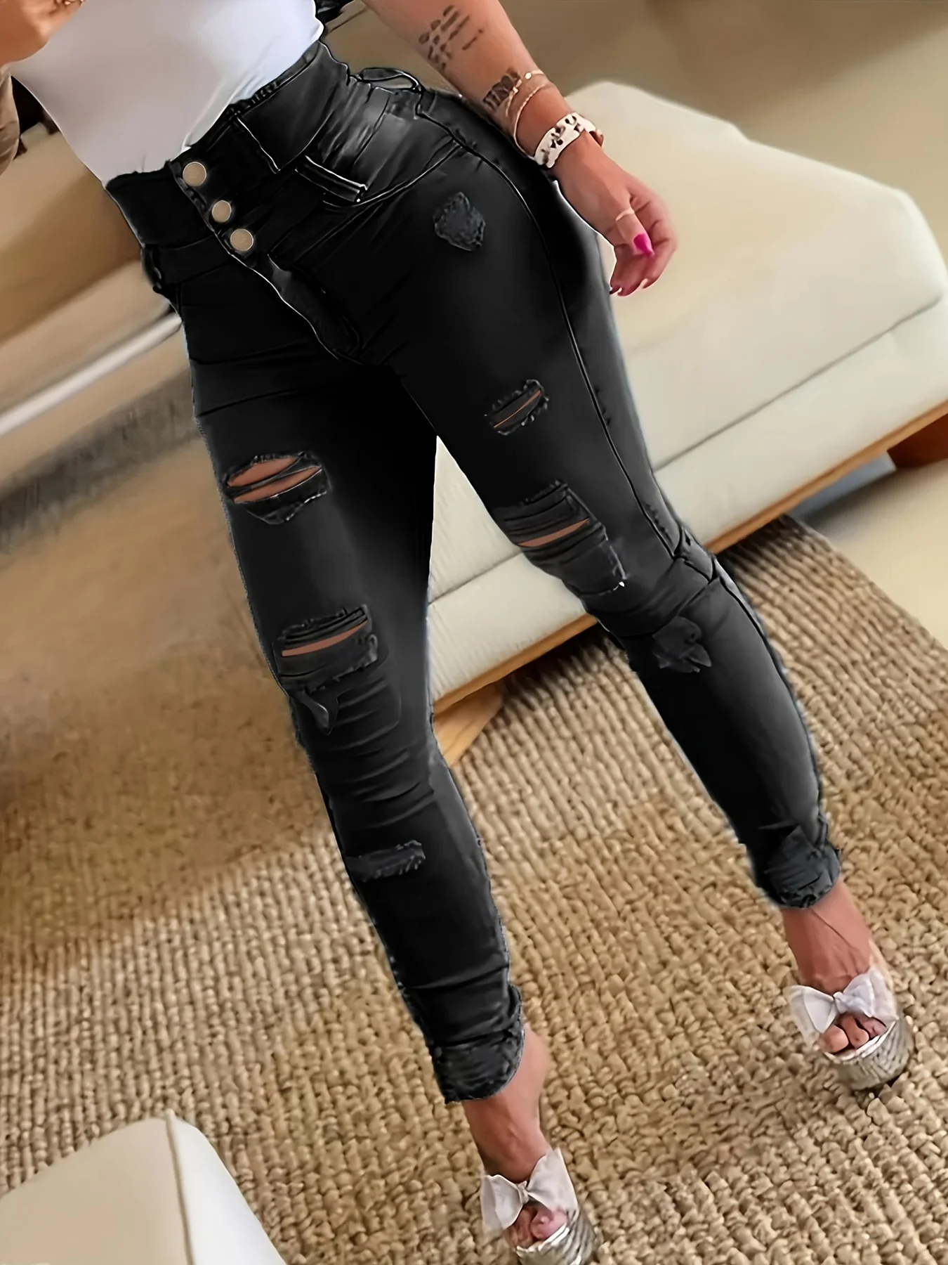 Jeans skinny casual con fori strappati, tasche slash Pantaloni in denim a vita alta con bottoni monopetto invecchiati, jeans in denim da donna