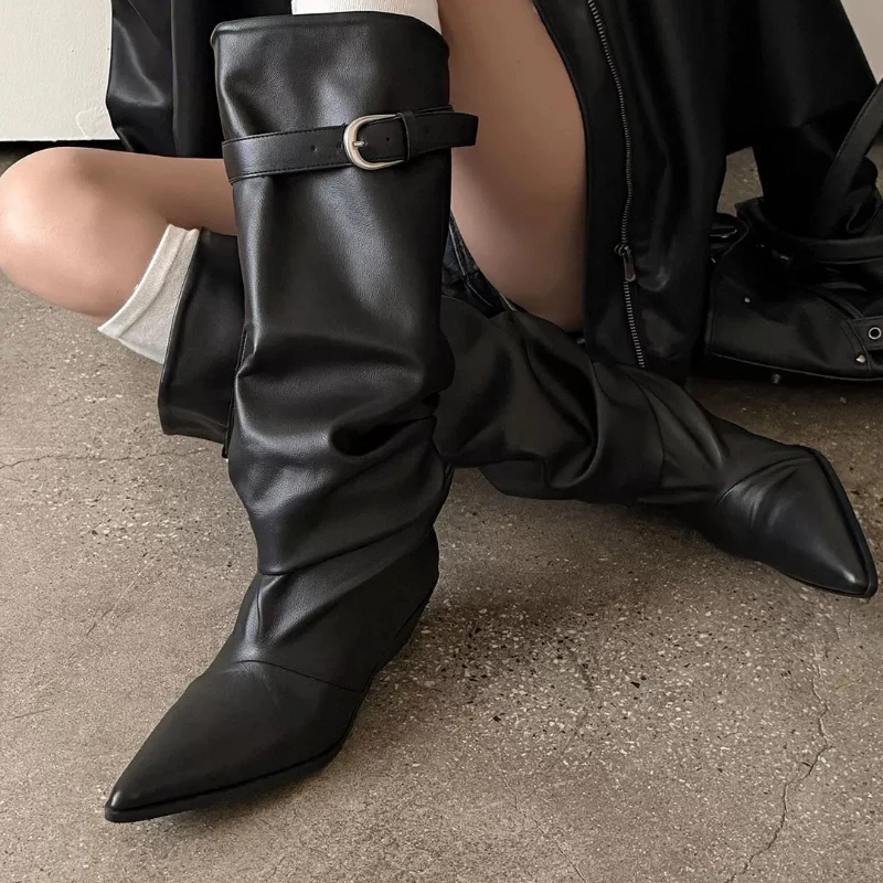 Fashion Women Knight Long Boots Folded High Tube with Adjustable Belt Sharp Pointed Toe Stable Thick Heel All Season Footwear