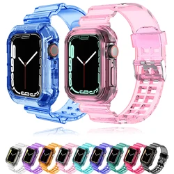 Clear Band + Case for Apple Watch Series 9 8 7 45mm 44mm 42mm 41mm 38mm 40mm Transparent Plastic for iwatch 6 5 4 se Ultra 49mm