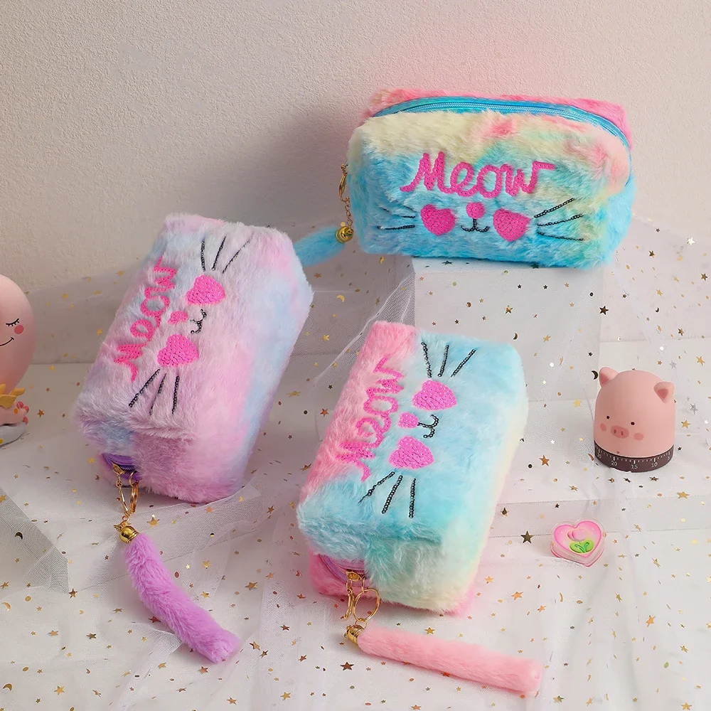 Estuche de lápices de gato de felpa Kawaii para estudiantes, bolsa de almacenamiento de papelería de gran capacidad, organizador de cosméticos para niñas, bolsa de bolígrafos encantadora, regalo para niños