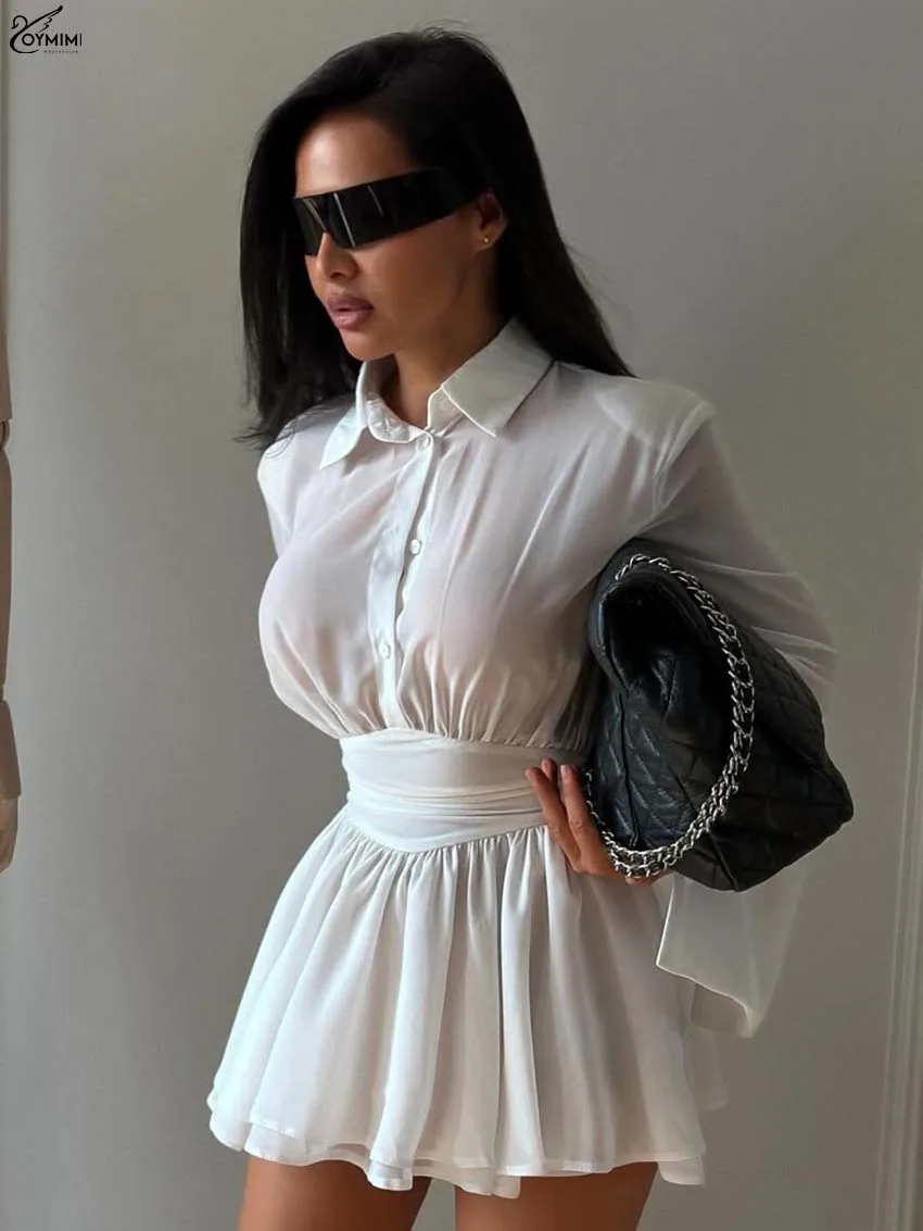 Oymimi Summer White Translucent Women's Dresses Fashion Lapel Long Sleeve Single Breasted Dresses Casual New Pleated Mini Dress