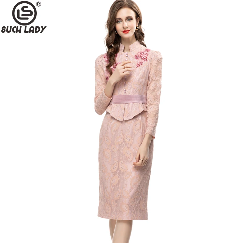 

Women's Runway Dresses Stand Collar Long Sleeves Embroidery Lace Beaded Peplum Elegant Pencil Vestidos