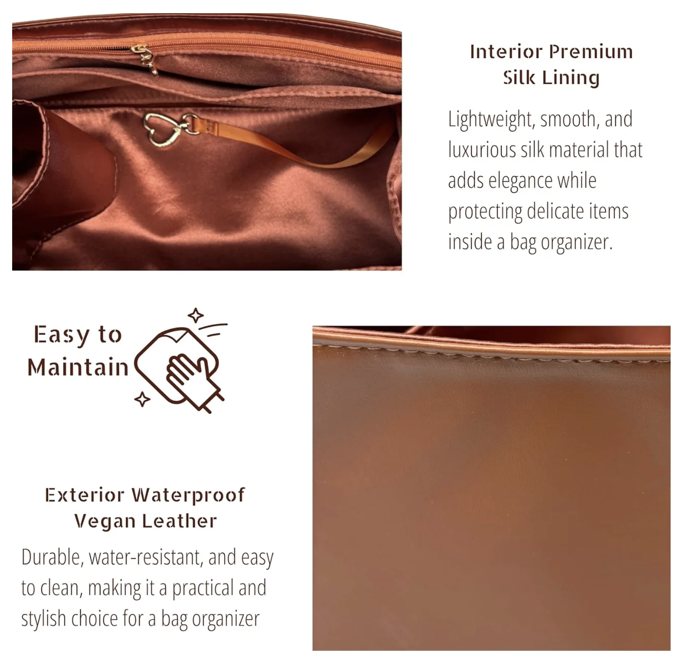Satin Silk Lining Insert for Cabas Phantom Small/Medium, Waterproof Vegan Leather, Tote Bag Purse Organizer with Zipper Pocket