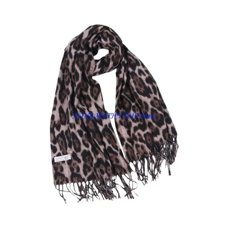 

F42F женский зимний шарф с леопардовым принтом, теплый мягкий платок из полиэстера с запахом на шею и стильной отделкой из