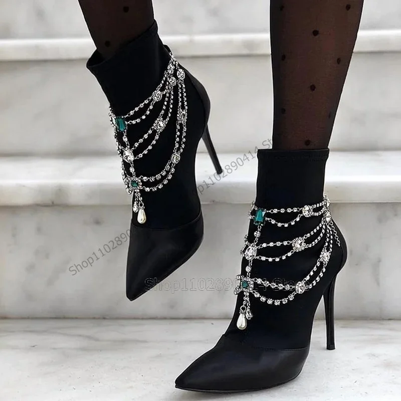 

Crystal Chain Decor Black Mid Calf Boots Back Zipper Women Shoes Thin High Heels Pointed Toe Fashion 2025 Zapatos Para Mujere