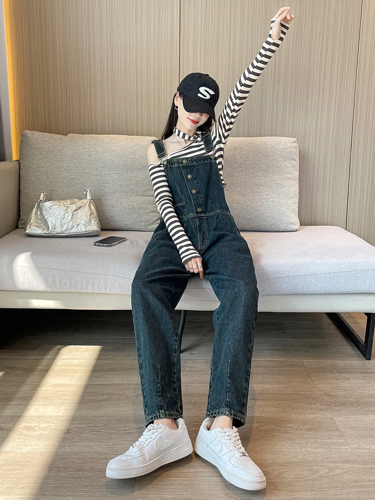 

Женские джинсовые комбинезоны с высокой талией, повседневные, модные, в корейском стиле, весна-осень, новинка, универсальные, из хлопка и полиэстера