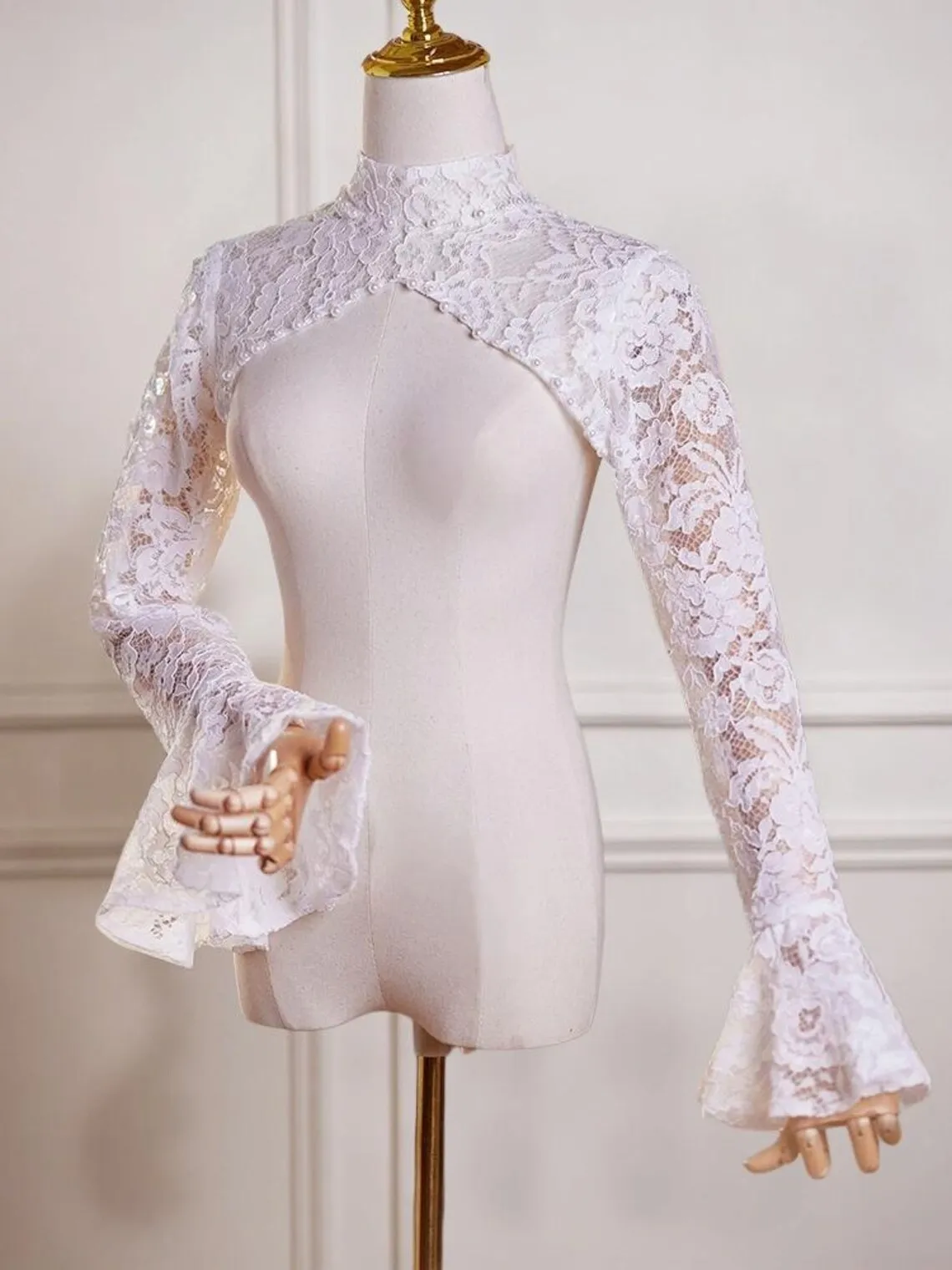 Customized Trumpet Full Sleeves Wedding Boleros Pearls 2026 Lace Bride Jacket High Neck Keyhole Back Bridal Wraps Women Shrug