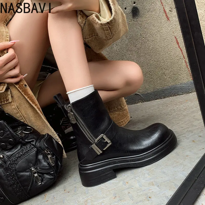 

NASBAVI 2026 Fashion Winter Women Ankle Boots Autumn Zipper Shoes Cow Leather Mid Heels Motorcycle Round Toe Short Boots 34-40