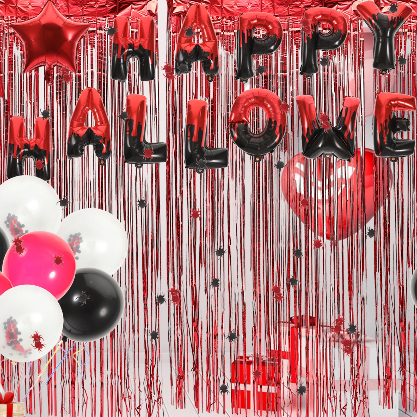 

Halloween Balloon Set Latex Decor Supplies Plastic Red Fringe Black Wall Hanging Easy Assembly Theme
