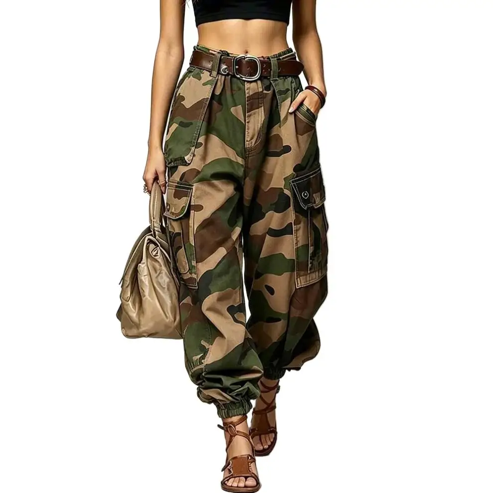 Lässige Camouflage-Arbeitshose mit Weitem Bein, Street-Style, Hohe Taille, Reißverschluss, Bedruckte Baumwollhose für Damen, Sommerkollektion