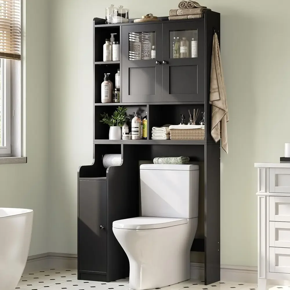 

Space-Saving Toilet Storage Cabinet with Glass Door and Toilet Paper Holder for Bathroom, Restroom, and Laundry (Black)