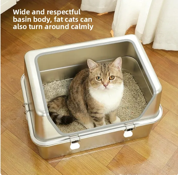 Extra Large Stainless Steel Cat Litter Box Semi Enclosed Anti Splash High Sided