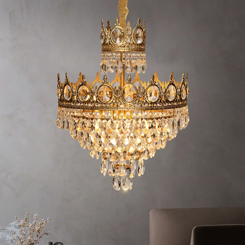 Luxury Retro French Palace Crown Crystal Chandelier Full Copper E14 LED Pendant Light for Villa Living Room Bedroom Hall Foyer