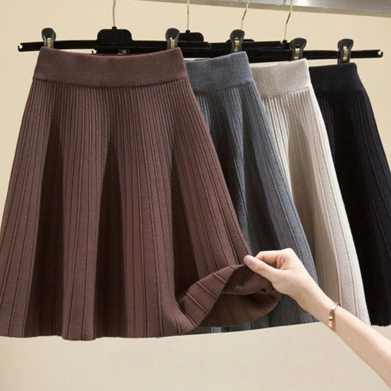 Fashion Elastic High Waist Knitting Skirts Women All Match Solid Color A Line Pleated Skirt Woman Trend Mini Skirts Female