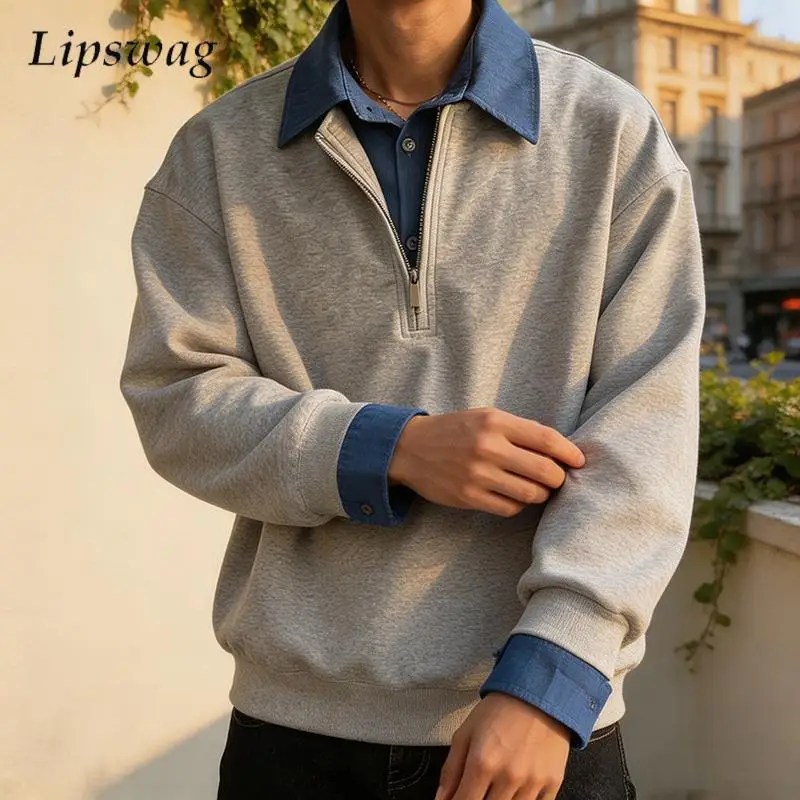 Vintage Double-layerd Lapel Sweatshirt Men Casual Patchwork Fake Two Piece Design Tops Mens Autumn Trendy Long Sleeve Pullovers