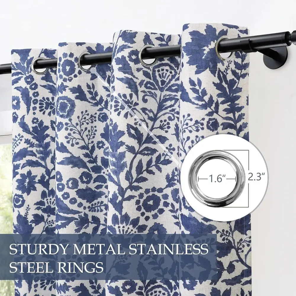 Zasłony termoizolacyjne zaciemniające z lnu w kolorze granatowym, dwuczęściowe, 132x213 cm, z nadrukiem akwarelowym i podszewką.