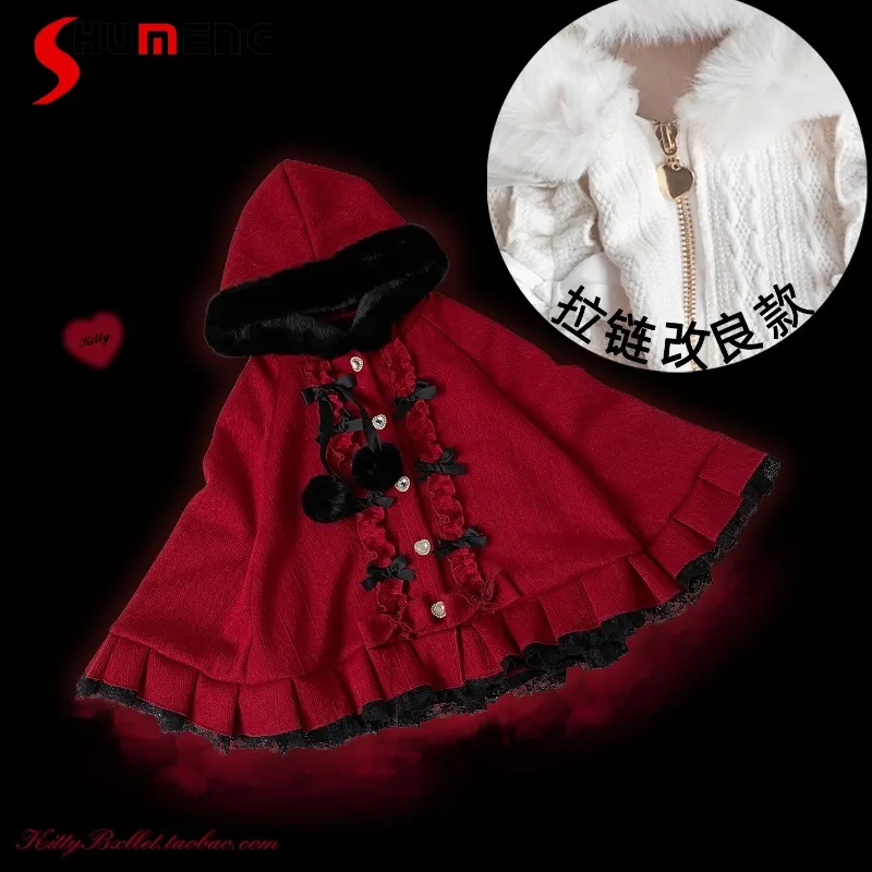 Soft Warm Cloak Coat Lolita Sweetheart Drill Mouth Hooded Fleece Short Cape Overcoat Y2k Sweet Zipper Ponchos Jacket Top Ladies