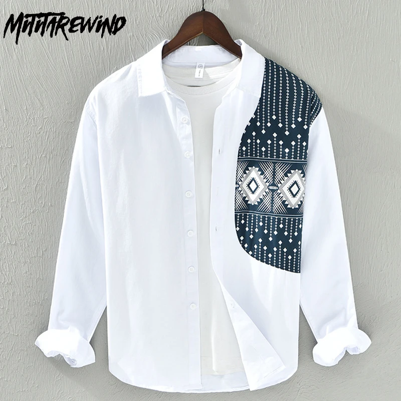 Pure Cotton New Long Sleeve White Shirt Men Streetwear Casual Fashion Top Patchwork Print Shirts Japanese Youth Men\'s Clothing