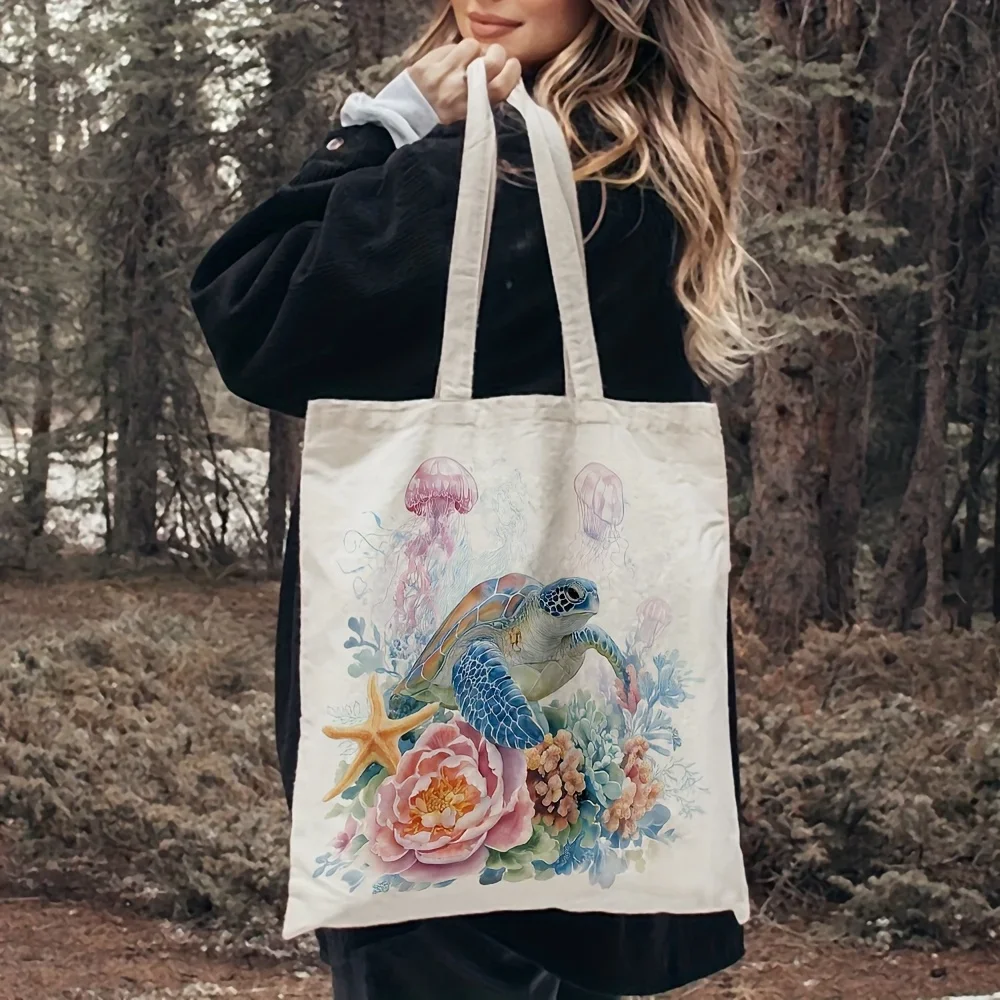 1pc, Sea Turtle And Coral Canvas Tote Bag Reusable Grocery Bags (35.05cm X 40.13cm), Stylish Beach Bag for Shopping, Commuting,
