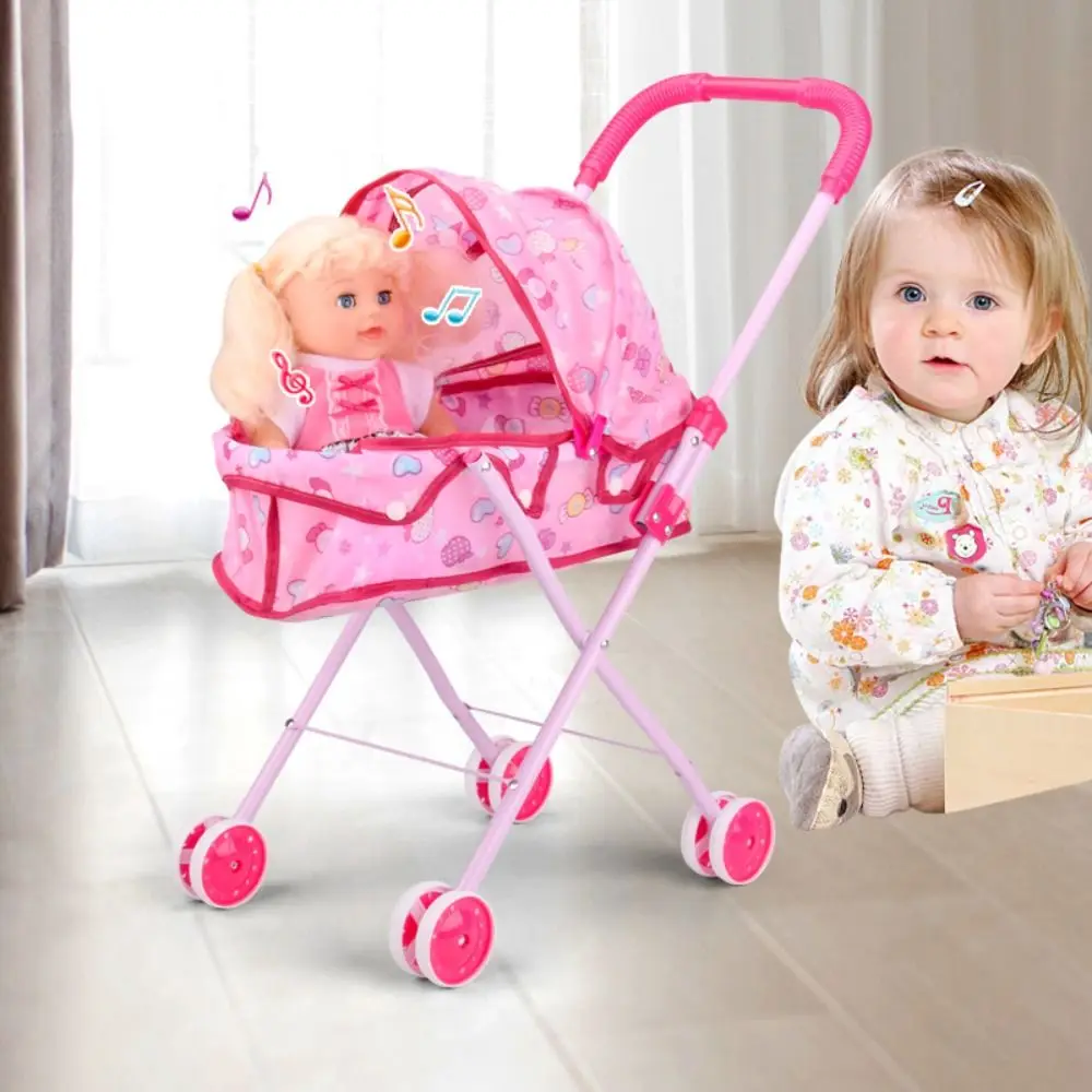 Trendy Plastic + Metal Dolls Pram Play Game Iron Support Frame Kids House Accessories Role Play Baby Stroller Little Girls Boys