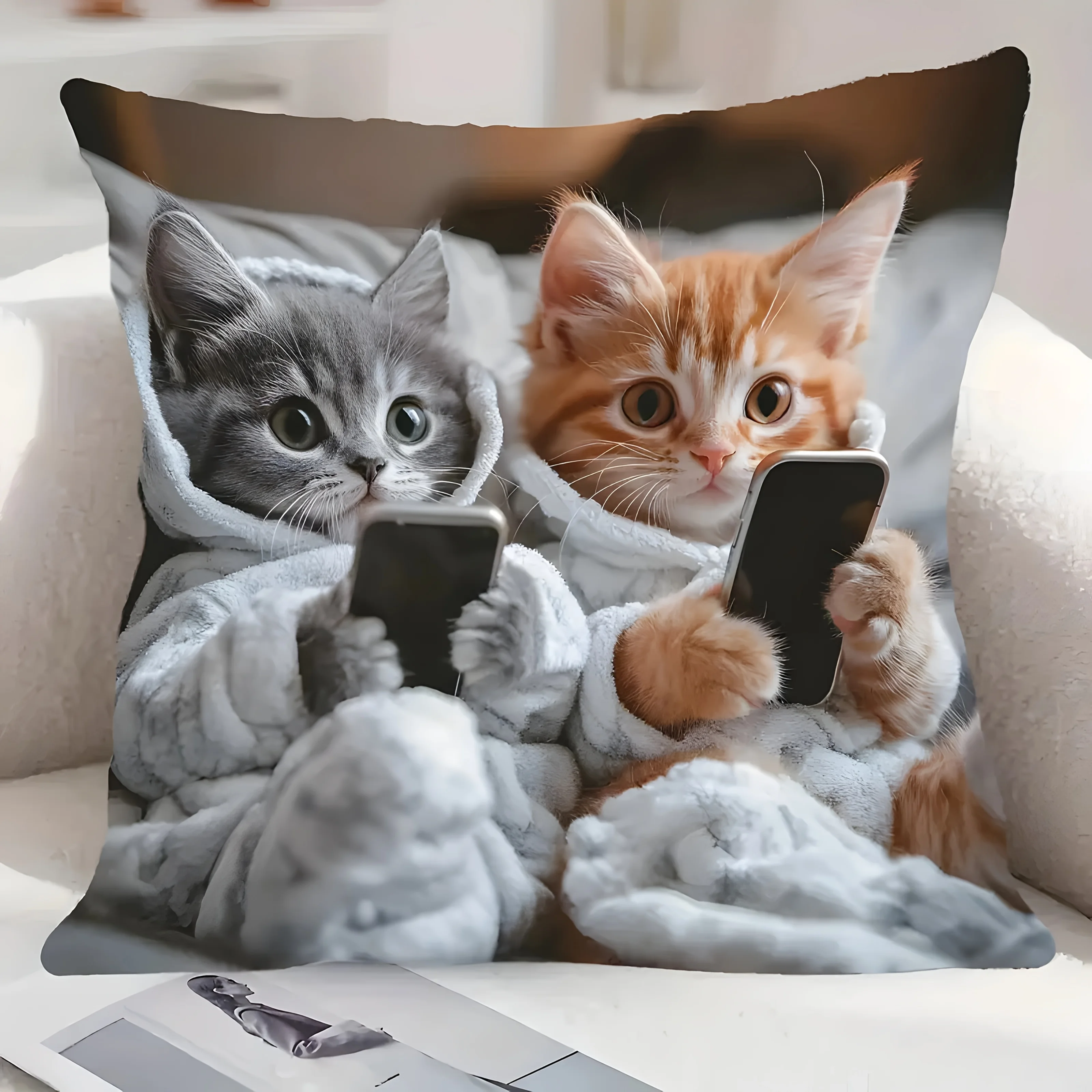 1pc Bohemian Style Cute Animal Pet Cat Advanced Feel Pillowcase Machine Washable Polyester Square Suitable For Bedroom Sofa