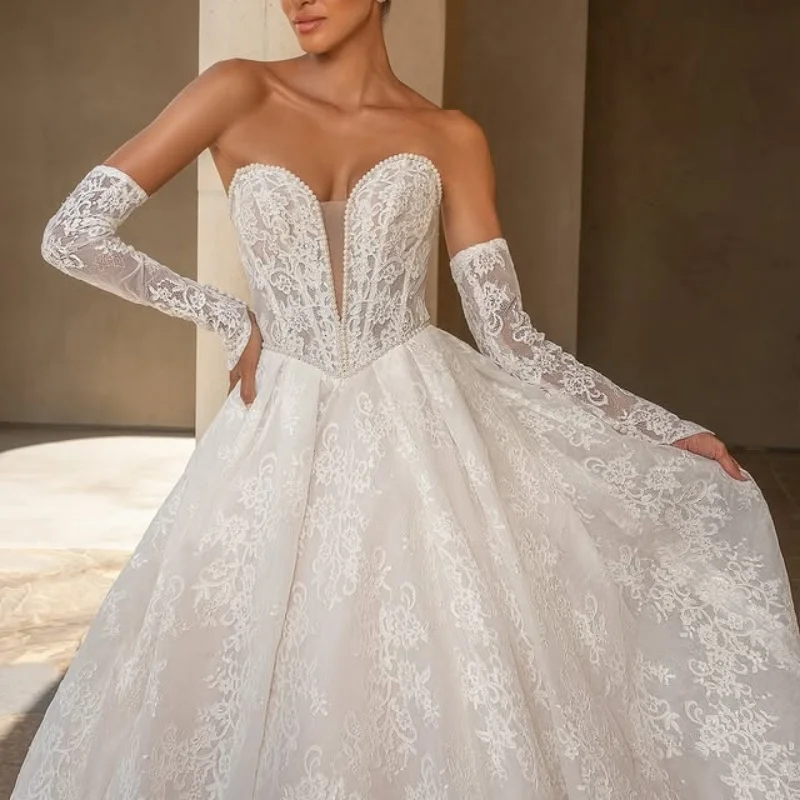 

Lace White Wedding Dresses The corset Lace off-shoulder Bridal Gowns A-line skirt pearl decoration multi-layer Made ﻿Customize