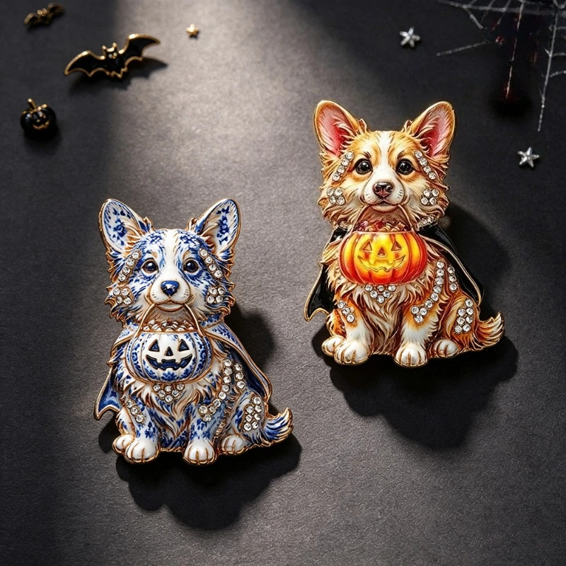 Halloween Corgi Pumpkin Rhinestone Enamel Brooch Fashion Party Gift Decoration Badge Pin DIY Clothing Bags Hat Scarf T-shirt