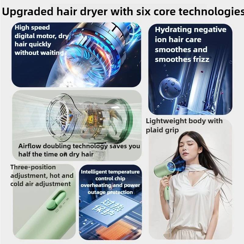 Складной фен для дома, быстросохнущий, большой ветер, 1200 Вт, мощный, с отрицательными ионами, для ухода за волосами, горячий и холодный, двухскоростной, бесшумный