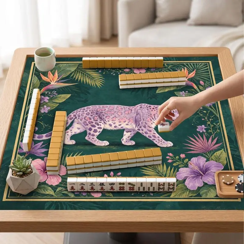 VIKAMA Dark Green Purple Leopard Mahjong Mat Silent Shock Absorb Vintage Jungle Household American Cover