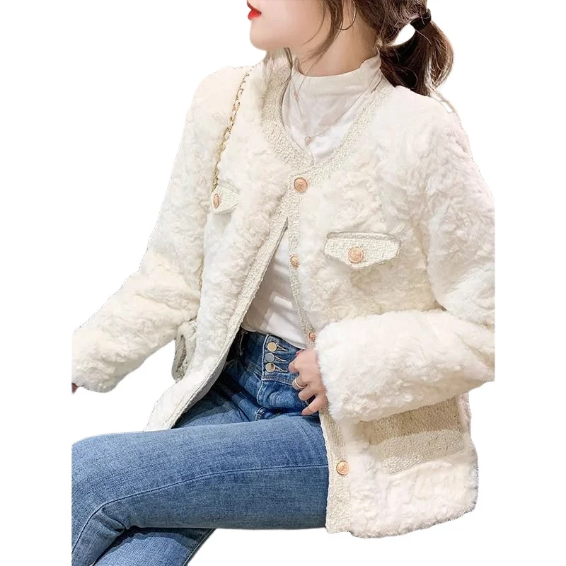 Winter Woman Fluffy Lamb's Fur Coat Warm Faux Fur Coat Collar Short Outerwear Coat Cowl Button Korean Fur Jackets New