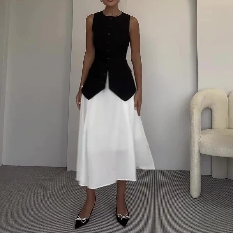New Sleeveless Vest Long Skirt 2 Piece Set Fashion Waistcoat Top Loose Dress O-Neck Temperament Chic Commuting Women Dress 2025