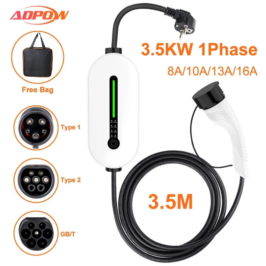 

ADPOW 3.5KW EV Portable Charger Type1 Type2 GBT Charger Schuko Plug 16A Adjustable Currents EVSE Charging for Electric Vehicle