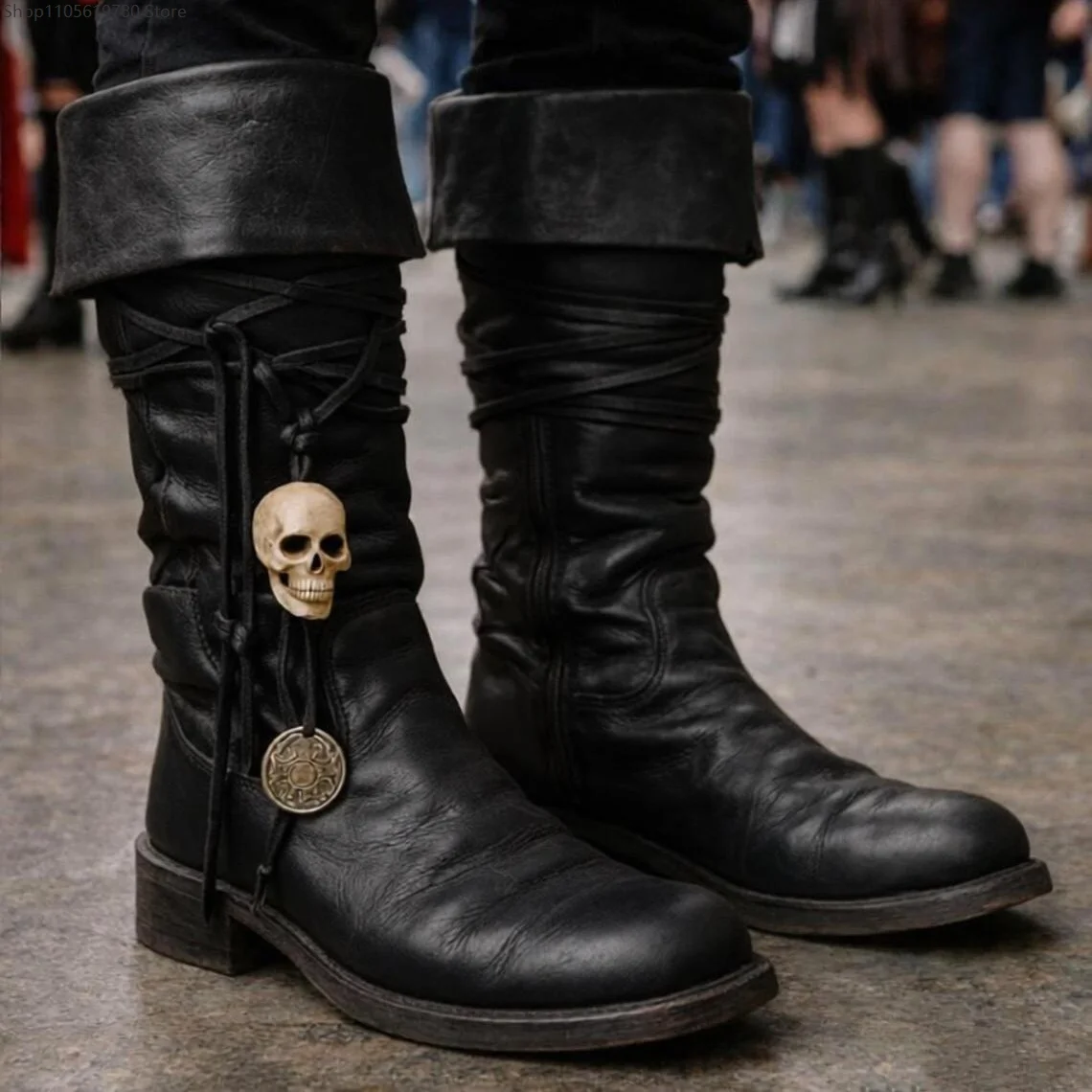 Men Vintage Medieval Cosplay Knee High Boots Faux Leather Pirate Style Lace Up Skull Coin Pendant For Renaissance Stage Dress